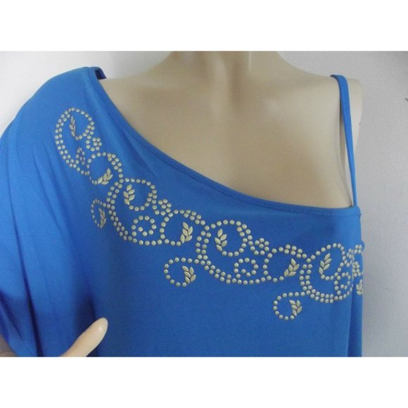 Blue Tunic Blouse Women's XL One Shoulder shirt top gold design polyester dress - Picture 2 of 6